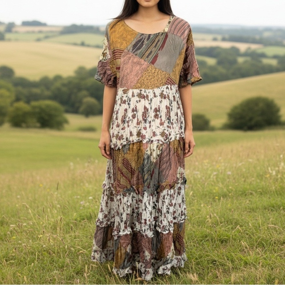 Vtg Jakelin Patchwork Maxi Dress Multi Color Boho Tiered‎ Unsized Peasant FLAW